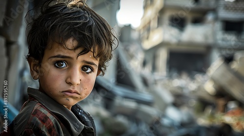 Little boy with big brown eyes looking at the camera with a sad expression on his face. photo