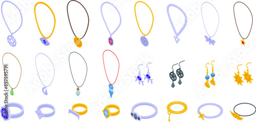 Witch jewelry icons set. Large set of jewelry with precious stones is waiting for its customers in jewelry store