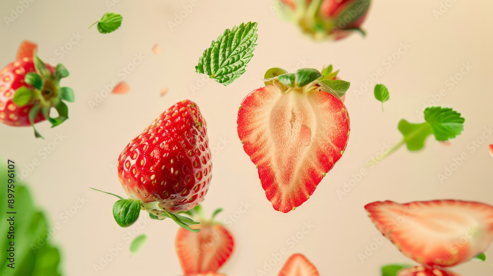 strawberry with half slices falling or floating strawberry with half slices falling or floating