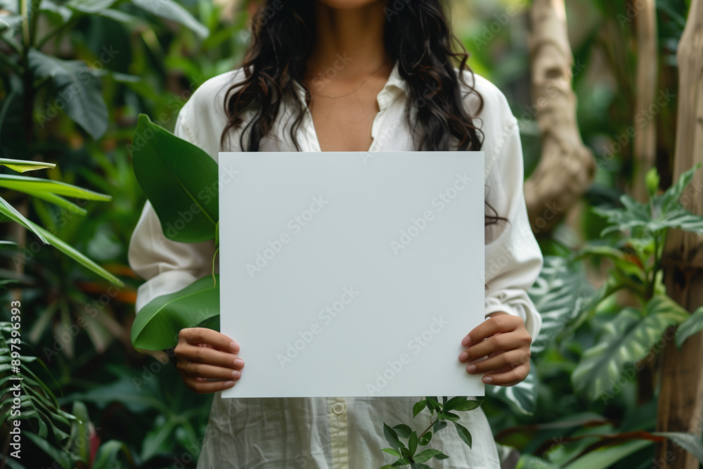 asian women or indonesian women holding a blank white paper, Space for text, copy space, mockup banner asian women or indonesian women holding a blank white paper, Space for text, copy space, mockup banner