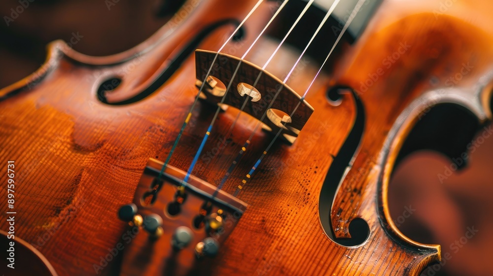 Detailed view of a violin's strings and bridge. Detailed view of a violin's strings and bridge.