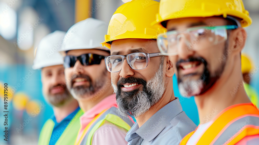 Construction workers smiling in safety helmets and vests standing in a line on the construction site. Diverse group of professionals ready for work showcasing teamwork and dedication