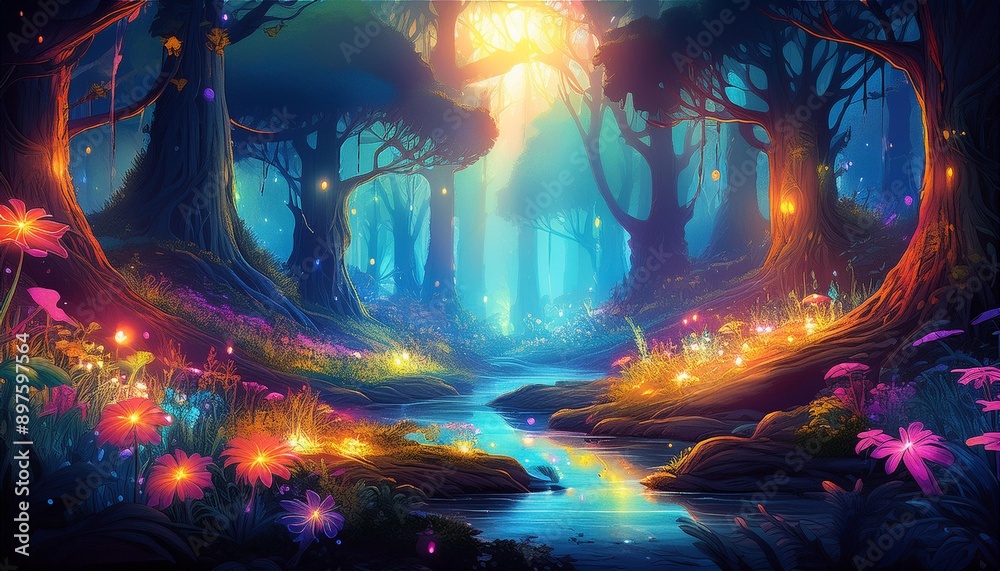 Fantasy world magical forest where fairies live Fantasy world magical forest where fairies live