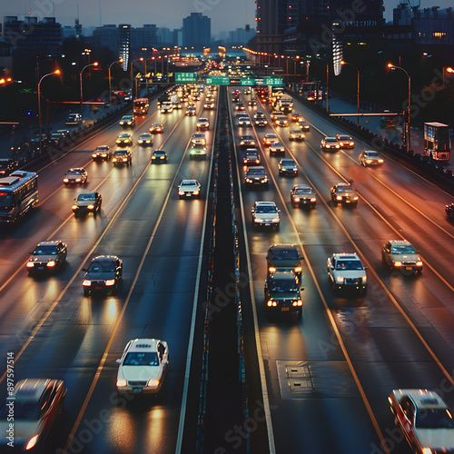 Harmonious Flow of Urban Traffic Lanes Illuminated by Streetlights in a Bustling Cityscape © Saran