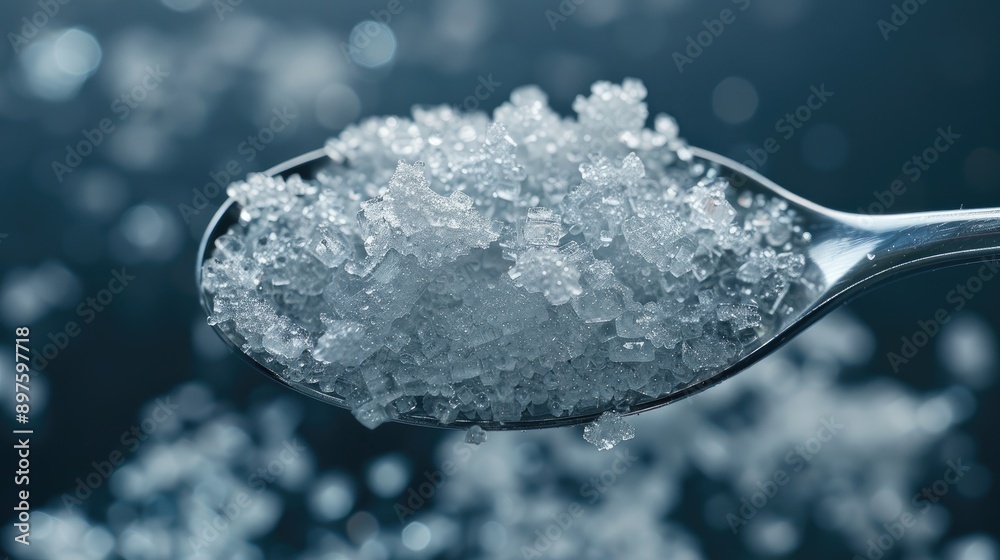 Detailed view of crystalline sugar on a spoon. Detailed view of crystalline sugar on a spoon.