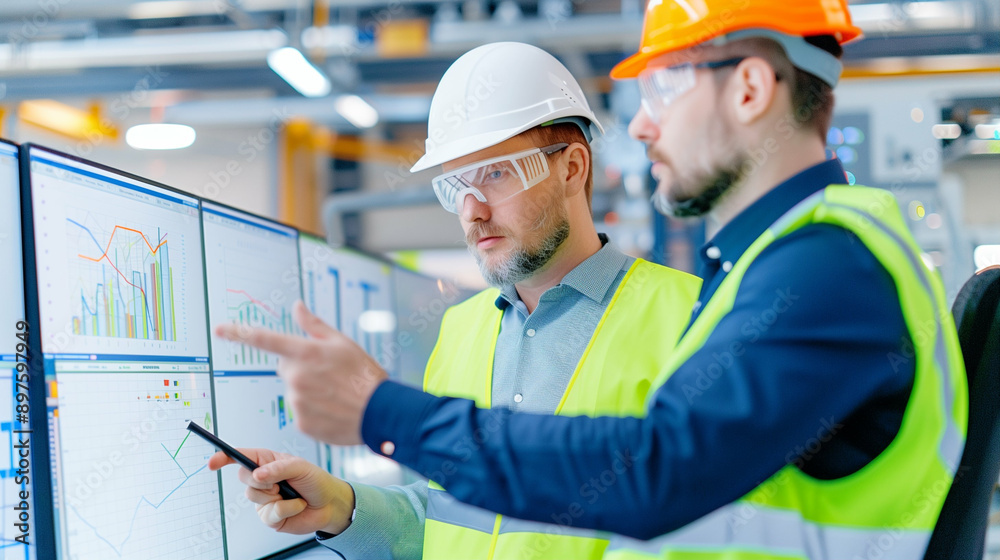 Business professionals analyzing data on screens. Two men in safety equipment reviewing financial charts and graphs in a modern workspace. Professional analysis and teamwork in business Business professionals analyzing data on screens. Two men in safety equipment reviewing financial charts and graphs in a modern workspace. Professional analysis and teamwork in business