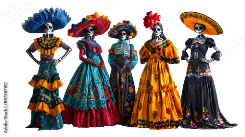 Traditional Costumes and Dresses for Day of the Dead Theme, Colorful and Cultural Mexican Celebration Attire, Vibrant and Festive Traditional Garments, png file, isolated on white