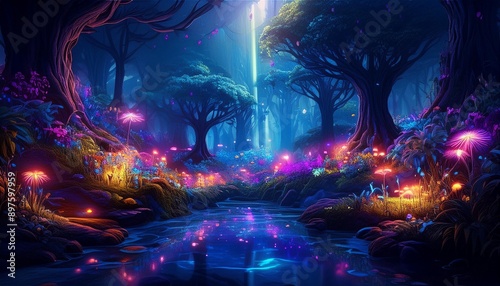 Fantasy world magical forest where fairies live