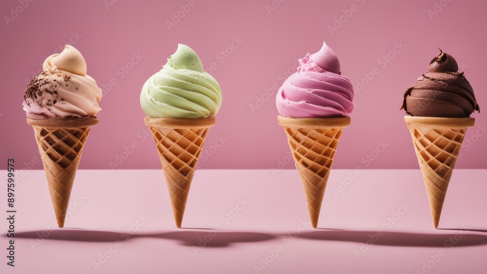 Four rows of colorful soft serve ice creams top row - green white pink chocolate; bottom row - mint green vanilla strawberry coffee. Vivid on a pink base. Four rows of colorful soft serve ice creams top row - green white pink chocolate; bottom row - mint green vanilla strawberry coffee. Vivid on a pink base.