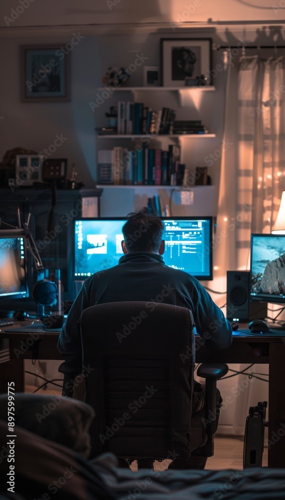 Focused Developer Working Late Night in Home Office with Dual Monitors and Coding Screen Focused Developer Working Late Night in Home Office with Dual Monitors and Coding Screen