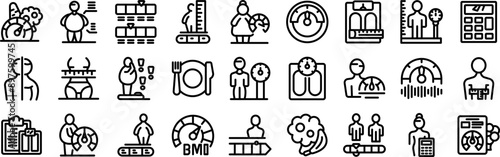 BMI icons set. People are using different tools for measuring their body mass index, including scales, calculators, and measuring tapes
