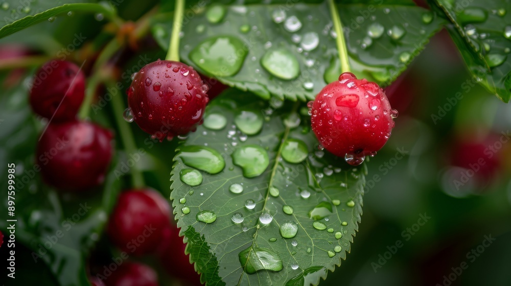 Vibrant red cherries with morning dew on green leaves in a lush garden showcase natures harvest beauty Vibrant red cherries with morning dew on green leaves in a lush garden showcase natures harvest beauty