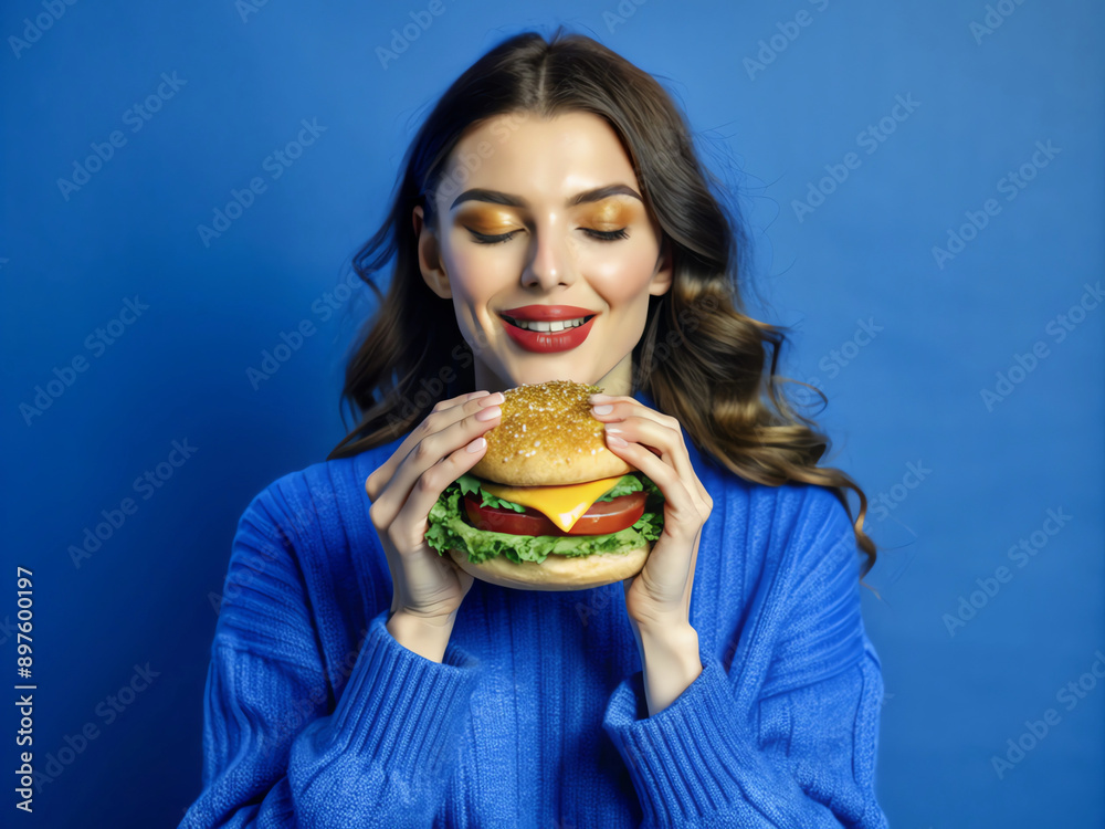 portrait of a woman enjoying a burger with a delighted expression and a full bite portrait of a woman enjoying a burger with a delighted expression and a full bite