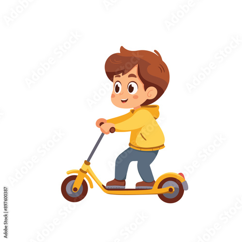 Cartoon boy riding a yellow scooter, wearing a yellow hoodie and blue pants, smiling and having fun