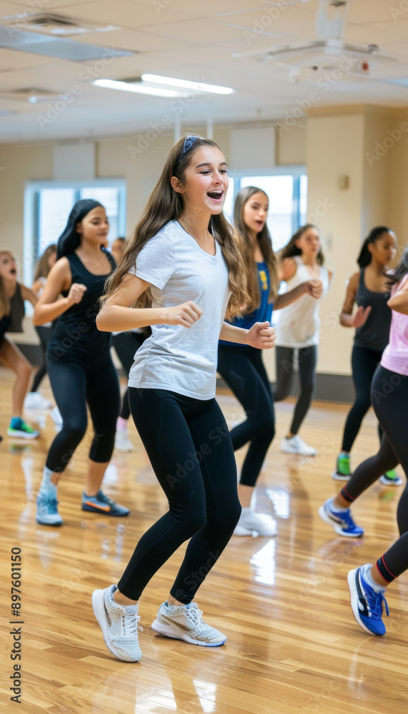 Fototapeta premium Youth Dance Class with Enthusiastic Students Practicing Choreographed Routines in a Spacious Studio