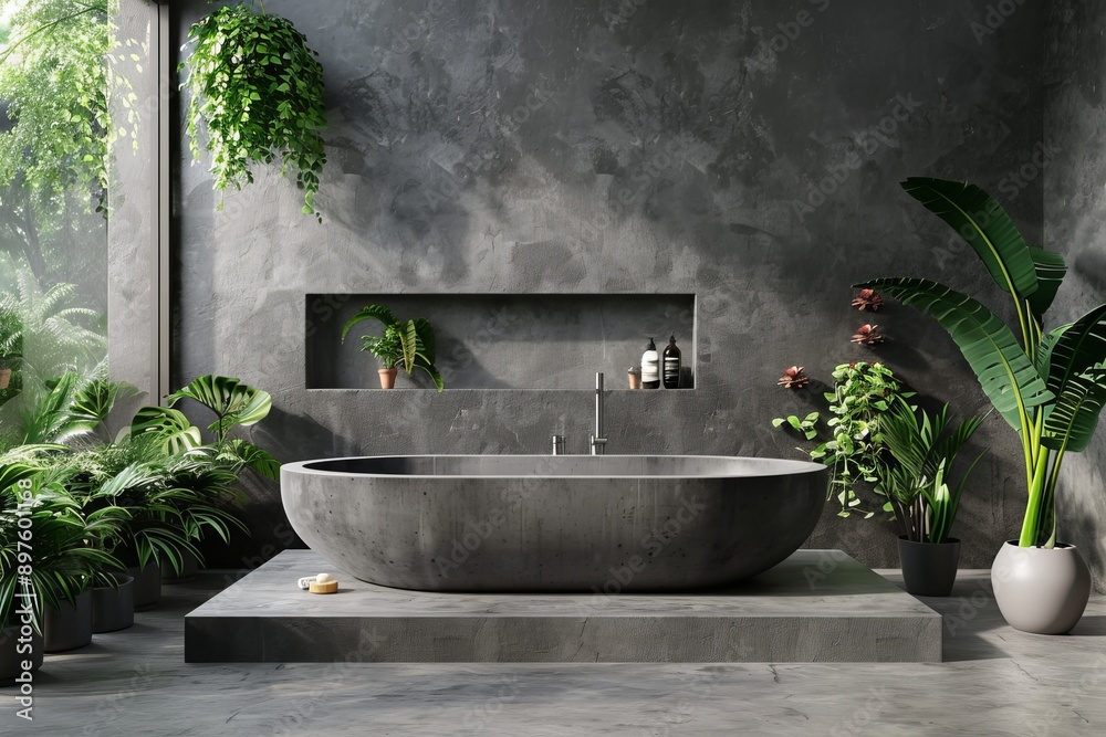 Minimalist bathroom interior with concrete walls, concrete floor, gray bathtub with mirror and green plants. Minimalist bathroom interior with concrete walls, concrete floor, gray bathtub with mirror and green plants.