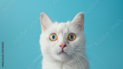 White British cat looking at camera on blue background