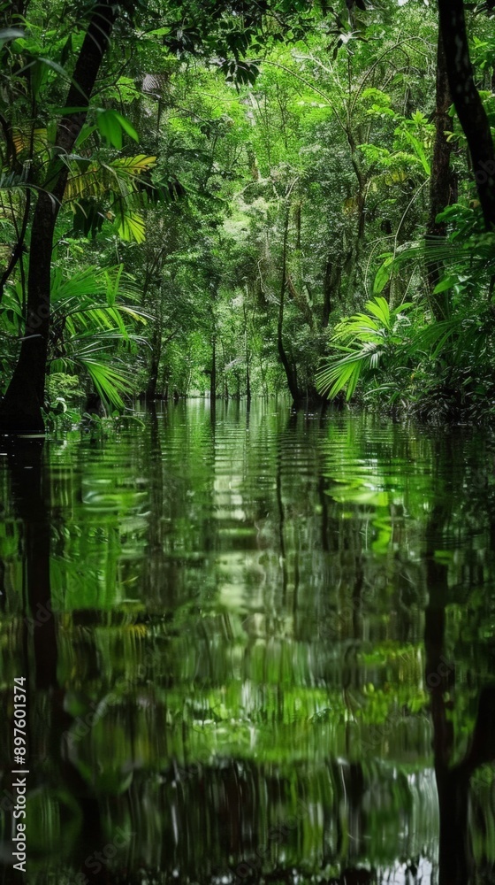 Obraz premium A lush, green jungle with a stream reflecting the surrounding trees