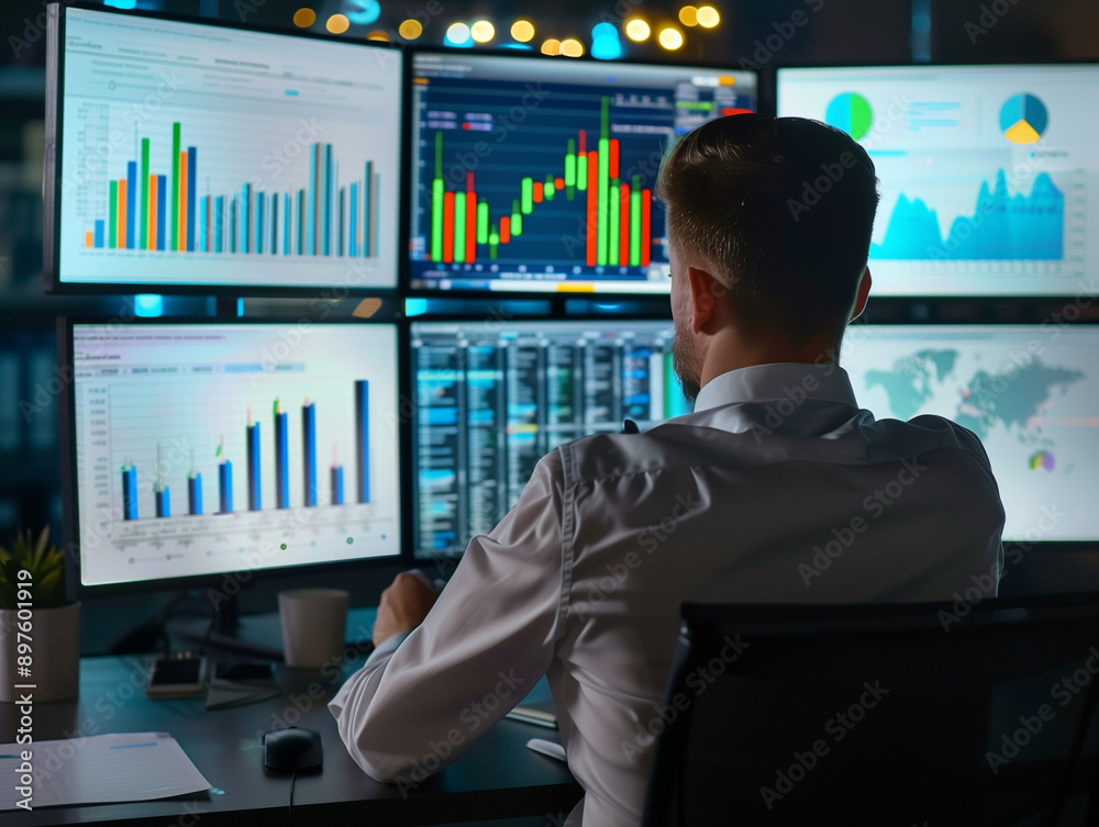 focused business professional analyzing financial data on multiple screens, office environment, high resolution, intense focused business professional analyzing financial data on multiple screens, office environment, high resolution, intense