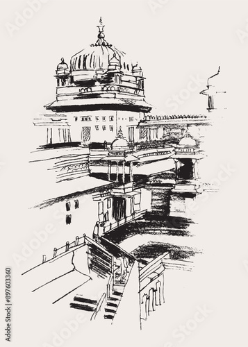 Drawing sketch illustration of the Orchha Fort in the Madhya Pradesh region of India