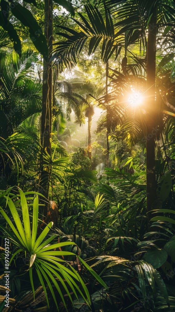 Naklejka premium Sunlight filters through dense foliage in a tropical jungle