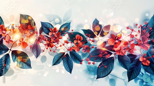 Geometric illustration showing periodic table elements linked together with transparent integrated composition including leaves and petals photo