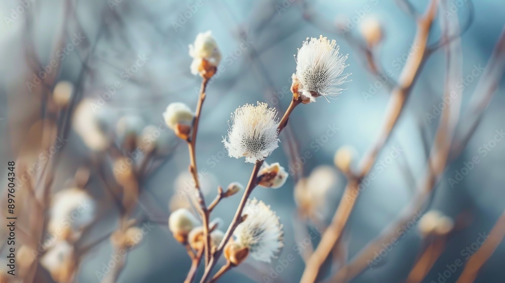 Close up fluffy willow buds in spring forest s airy branches Close up fluffy willow buds in spring forest s airy branches