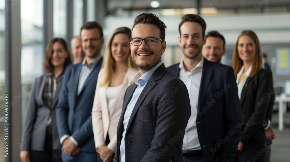 Portrait of successful group of business people at modern office looking at camera. Portrait of successful group of business people at modern office looking at camera.