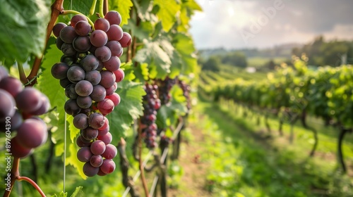 Wallpaper Mural Close-up of a ripened bunch of red wine grapes on a sunny day. The volume of a grape plantation is visible in the background. Copy space Torontodigital.ca