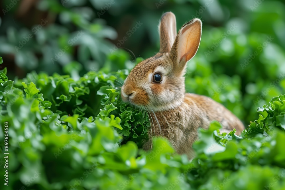 Fototapeta premium Brown Rabbit Eating Green Leafy Greens in a Garden