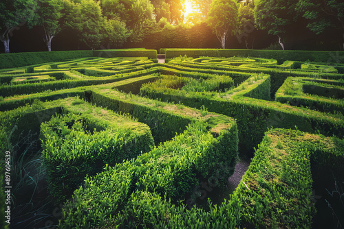 Wallpaper Mural A classic hedge maze in a historical or estate garden, focusing on the tall, manicured hedges that form the maze's walls - Generative AI Torontodigital.ca
