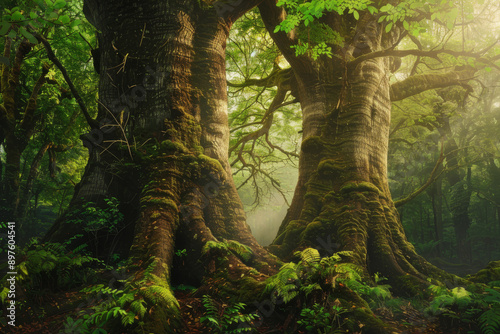Wallpaper Mural The towering ancient trees within a virgin forest, their massive trunks and expansive branches creating a natural cathedral - Generative AI Torontodigital.ca