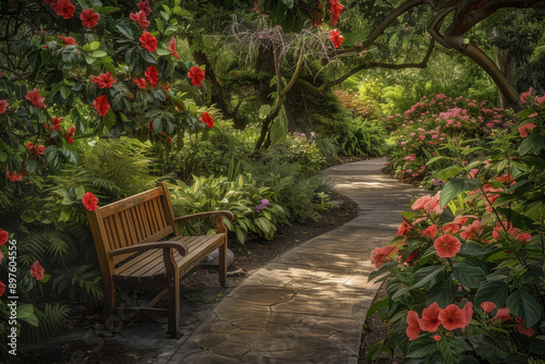 Wallpaper Mural The tranquility and beauty of a secluded hibiscus garden oasis, focusing on the peaceful ambiance and the harmonious arrangement of the flowers - Generative AI Torontodigital.ca