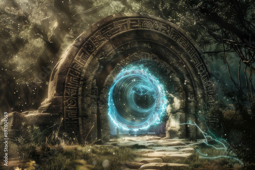 Wallpaper Mural An image showcasing an ancient stone archway surrounded by mysterious runes, with a swirling vortex of light indicating a portal through time - Generative AI Torontodigital.ca