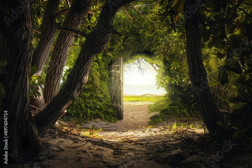 Wallpaper Mural A forest clearing or a secluded beach, where a time portal suddenly appears, blending the tranquility of nature with the marvel of time travel - Generative AI Torontodigital.ca