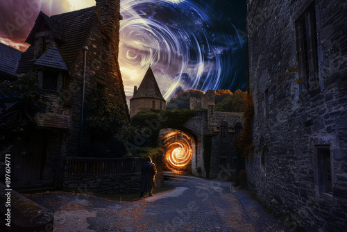Wallpaper Mural A visual of a time rift opening in a medieval castle courtyard, blending the historical setting with the sudden appearance of a swirling time portal - Generative AI Torontodigital.ca