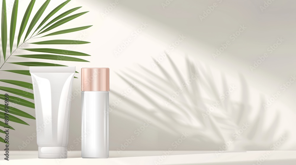 Lotion tubes, dynamic shadows, soft neutral setting, flat design illustration, with copy space, high-resolution photo, realistic photo, hyper realistic Lotion tubes, dynamic shadows, soft neutral setting, flat design illustration, with copy space, high-resolution photo, realistic photo, hyper realistic