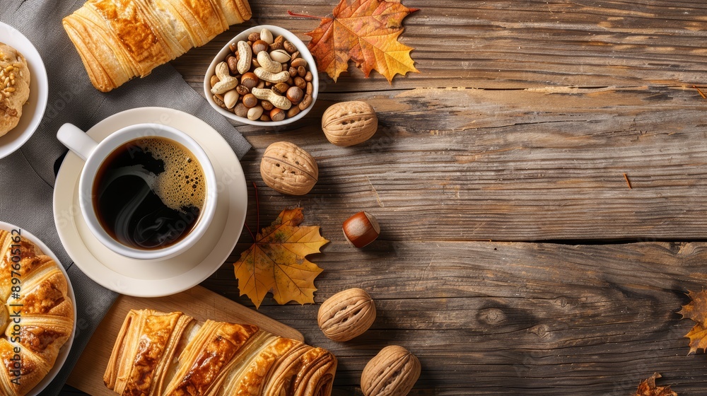 Rustic autumn breakfast setup featuring hot coffee, a variety of fresh pastries, and a bowl of mixed nuts, on a wooden table with autumn leaves Rustic autumn breakfast setup featuring hot coffee, a variety of fresh pastries, and a bowl of mixed nuts, on a wooden table with autumn leaves