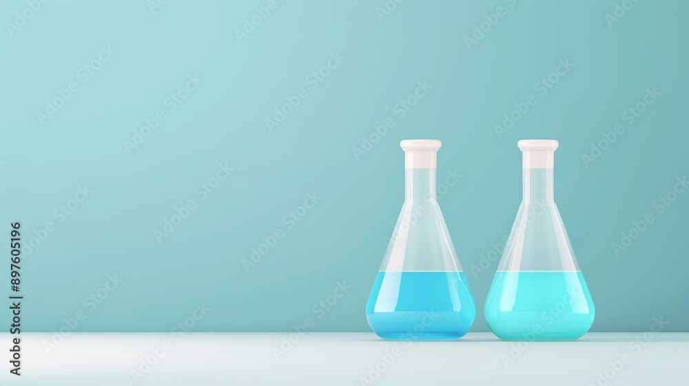 Science lab beakers, clean light background, flat design illustration, with copy space, high-resolution photo, realistic photo, hyper realistic Science lab beakers, clean light background, flat design illustration, with copy space, high-resolution photo, realistic photo, hyper realistic