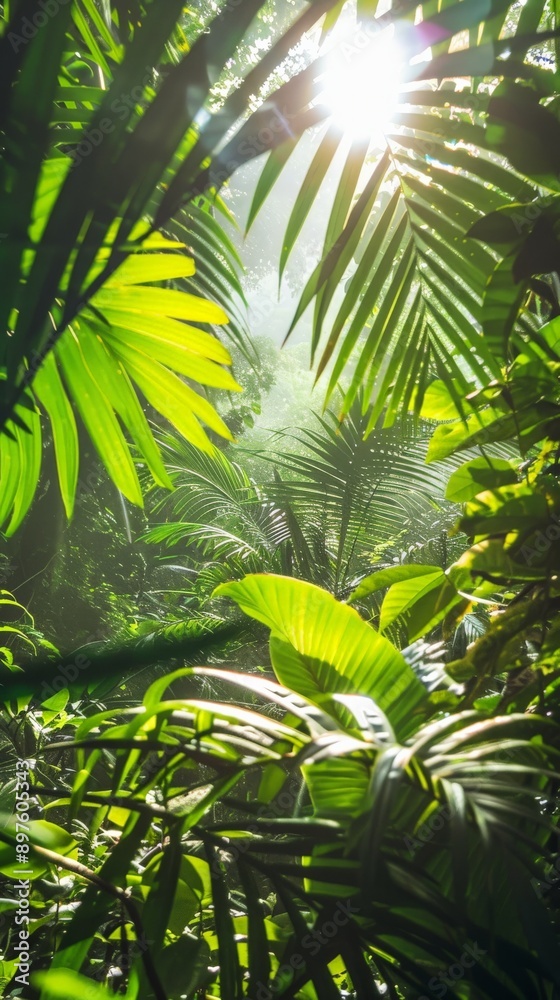 Sunlight streams through a dense canopy of green leaves in a tropical jungle Sunlight streams through a dense canopy of green leaves in a tropical jungle