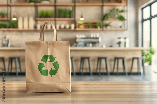 Eco-friendly paper bag with a recycling symbol on a cafe table, promoting sustainability and green living in modern dining spaces. photo