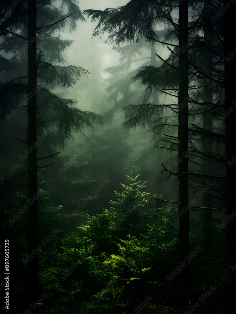 Fototapeta premium Mystic foggy dark green pine tree forest, landscape background 