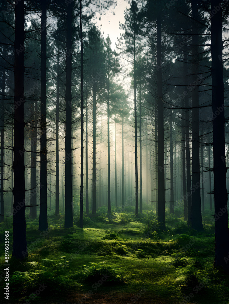 Fototapeta premium Mystic foggy dark green pine tree forest, landscape background 