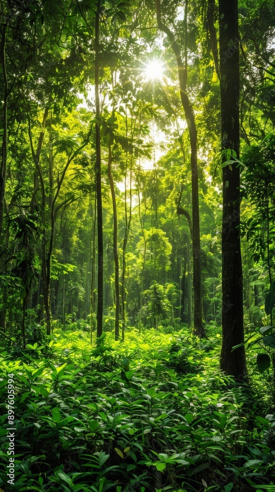 Fototapeta premium Sunlight breaks through the dense foliage of a verdant forest