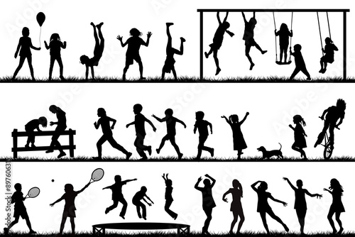 Set of children silhouette playing outdoor in park