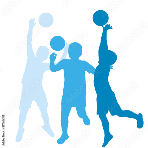 Set of silhouettes of a basketball player boy hitting the ball