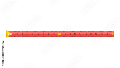 Metal red construction measuring tape. Ruler measuring tool, 20 centimeter scale.