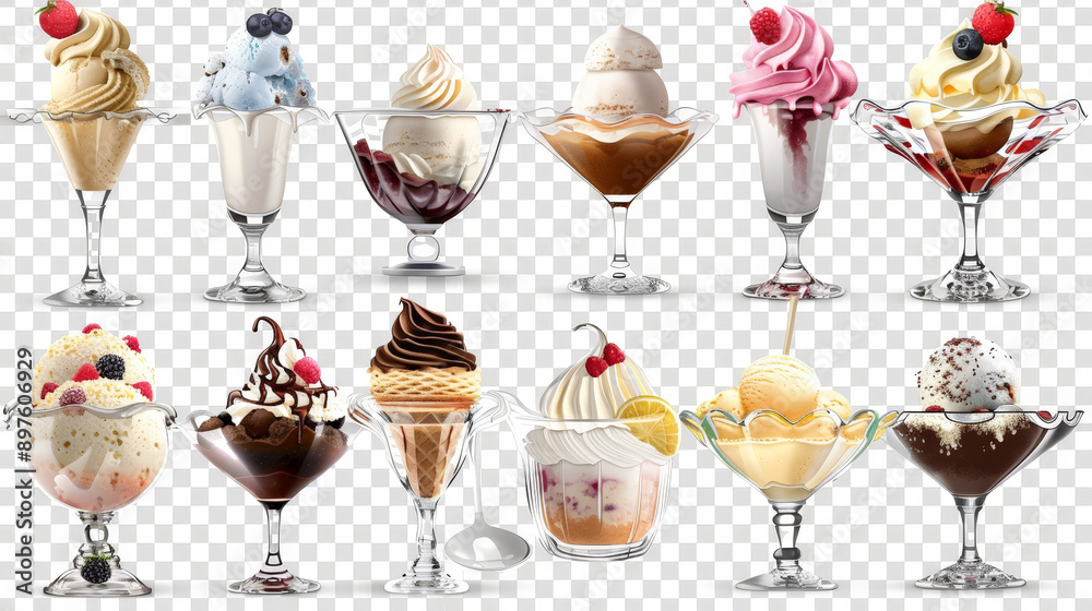 ice cream dessert, collection of sundae on white background, isolated ice cream dessert, collection of sundae on white background, isolated
