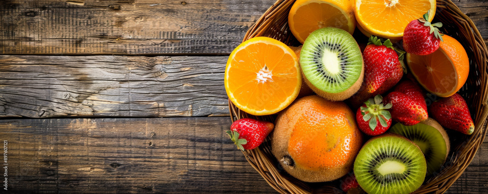 A wooden basket brimming with nutritious fruits such as kiwis, strawberries, and oranges, top view, with text space on a rustic wooden table background. A wooden basket brimming with nutritious fruits such as kiwis, strawberries, and oranges, top view, with text space on a rustic wooden table background.