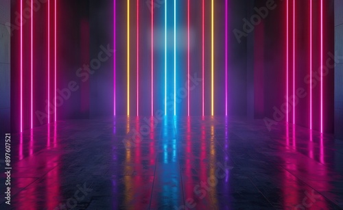 Colorful neon light stripes on dark background with abstract wallpaper design. 3D Rendering Mock up photo